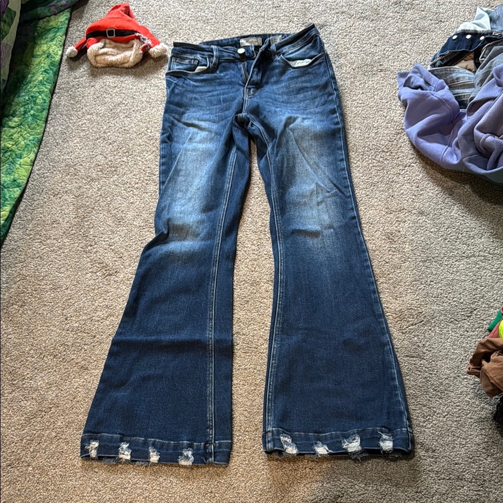 KanCan Blue Flare Wide Leg Jeans with Metal Grommet Detail
